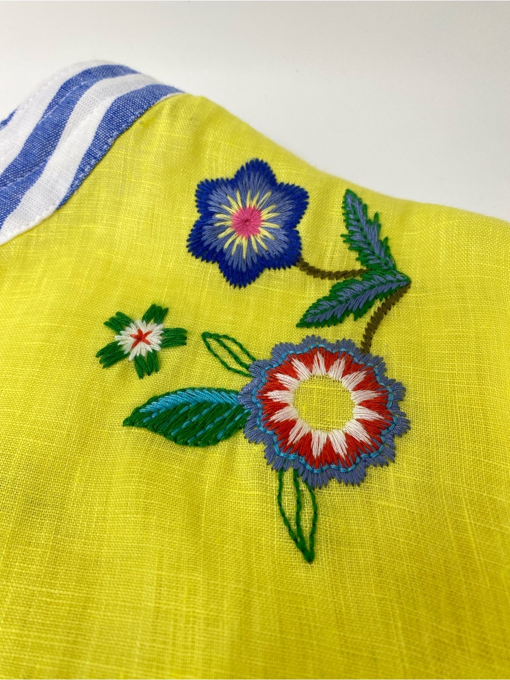 John Mark Blouse Top Linen Yellow Embroidered Mixed Media with Blue Striped Hem - Picture 6 of 13